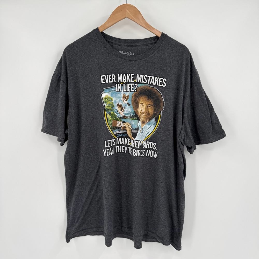 Bob Ross Grey "Let's Make Them Birds"‎ Graphic Short Sleeve Men's 2XLve T-Shirt